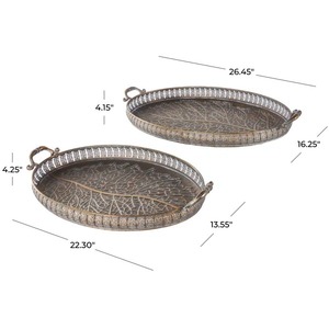 Ensemble de plateaux ovales en métal uniques avec motif d'arbre à l'intérieur et poignées festonnées, idéal pour paniers-cadeaux et service d'accueil. - Product Image 2