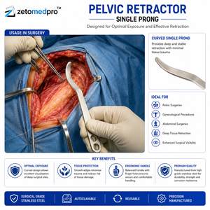 Retractor Pélvico de Una Sola Punta, Hoja de 24 mm de Ancho, Longitud Total de 10.75 pulgadas (27.3 cm), Zetomed Pro - Product Image 4