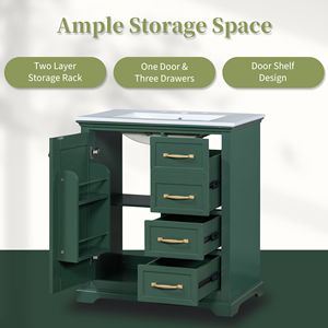 Mobile bagno da 30 pollici con lavabo, struttura solida, in MDF, con cassetti, tutto in un unico pacchetto - Product Image 3