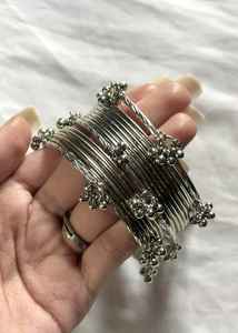 Multi Colour Golden Pearl Silver Plated Geometric Trendy Kashmiri Churiyan <b>Bangles</b> <b>Set</b> Bridal Wedding Party Wear Women's Premium - Product Image 3