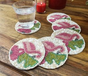 Handmade Beaded Flamingo Drink Coasters Set <b>Round</b> <b>Mats</b> With Pink Green Design Cute Table Decor Accessories - Product Image 1