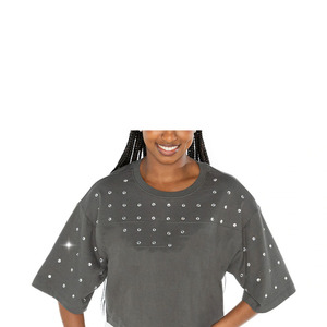 T-shirt décontracté pour femme, coupe ajustée, 100% coton, avec col à nœud décoré de diamants, mailles perforées, doux et respirant - Product Image 4