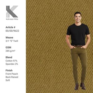 ผ้าทวิลผสมคอตตอนและสแปนเด็กซ์ น้ำหนัก 285 กรัมต่อตารางเมตร ผลิตจากเส้นด้ายคอตตอนหวี 97% ผสมสแปนเด็กซ์ 3% ผ้าทอเนื้อปานกลาง เหมาะสำหรับทำกางเกงและเสื้อแจ็คเก็ต - Product Image 1