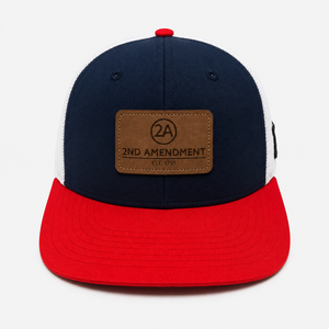 Fashionable Outdoor/Casual Style Two Tone Red/<b>Navy</b> Blue Cotton Trucker Mesh <b>Hats</b> Leather Patch Custom Logo Unisex All Seasons - Product Image 1