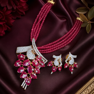 Premium <b>Ruby</b> Pink Brass CZ Classic <b>Necklace</b> Earrings Set Rhodium Plated Tassel Bridal Wedding Jewelry LISAJEWELLERS for Women - Product Image 4