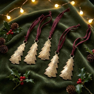 Set Of Five Golden Metal Christmas <b>Tree</b> <b>Ornaments</b> With Red Ribbon Hangers For Festive Holiday Decorating And <b>Tree</b> Display - Product Image 6