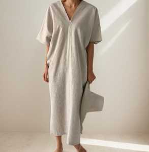 Vestido Kaftán de Lino para Mujer, Corte Holgado, Cuello en V, Midi con Abertura Lateral, Estilo Casual Minimalista de Verano - Product Image 4