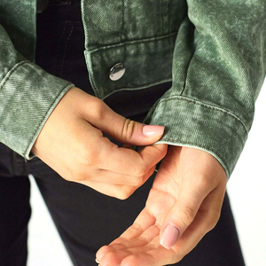 Women Green <b>Denim</b> <b>Jacket</b> Casual Button Front Long Sleeve Regular Fit Stonewashed Solid Color Autumn Outerwear - Product Image 4