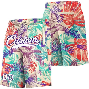 Shorts de bain personnalisés pour hommes, imprimé floral, taille à cordon de serrage, séchage rapide, style décontracté, longueur courte, tissu polyester - Product Image 2