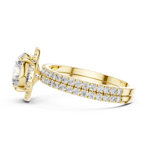 Anillo de Compromiso Solitario Ovalado Moderno en Oro con Halo Oculto y Banda Doble Pavé, Joyería de Diamantes Sostenible para Novias - Product Image 1