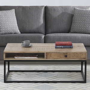 Table basse industrielle moderne en métal et bois massif en bois de manguier, finition naturelle et noire, avec tiroirs de rangement, table de salon - Product Image 1