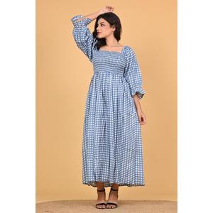 Robe longue d'été pour femmes, fabriquée à la main en Inde, 100% coton, écologique, à carreaux, style bohème, à volants, manches longues - Product Image 4