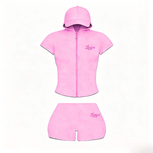 2026 Women's 2 Piece Solid Strapless <b>Set</b> Summer Zip Regular Fit Crop Top High Waist Biker Shorts Casual Pink Polyester/Cotton - Product Image 3