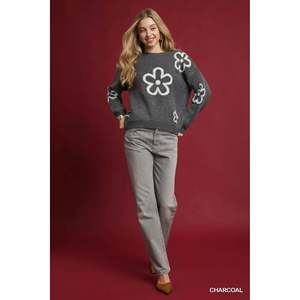 เสื้อสเวตเตอร์คอกลมสีชาร์โคลสำหรับผู้หญิงยี่ห้ออุมกีไซส์ S พร้อมลายดอกไม้สุดหรู - Product Image 4