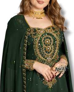 Plus Women's Modest Straight Simple Stand Collar Long Sleeve Solid <b>Sequin</b> Embroidery Applique Chiffon <b>Kaftan</b> Abaya Dress - Product Image 6