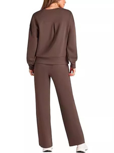 Ensemble de survêtement en coton marron pour femme, col rond, manches longues, coupe ample, couleur unie, sweat-shirt et pantalon avec cordon de serrage et poches latérales - Product Image 5