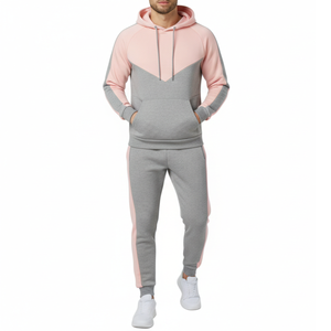 ชุดวอร์มผู้ชายสองสีแบบขายส่ง - ชุดกีฬาสีเทา/ชมพูพร้อมโลโก้สั่งทำ - ชุดฝึกซ้อมกีฬาพร้อมกางเกงแถบข้างตัดสี - Product Image 1
