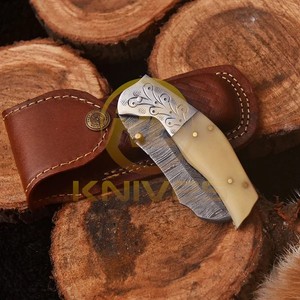 OEM Custom Handmade Damascus Steel Folding Hunting <b>Knife</b> with Natural <b>Bone</b> <b>Handle</b> Leather Sheath Outdoor Camping EDC <b>Knife</b> - Product Image 5