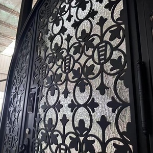 Rust-resistant wrought iron main door featuring geometric patterned glass panels – Easy-to-assemble design for entryways. - Product Image 5