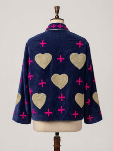 Veste en velours bleu marine pour femme avec broderie de cœurs dorés et croix rose, col mandarin, manches trois quarts, vêtement d'extérieur pour l'hiver - Product Image 2