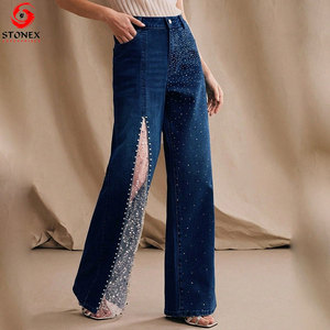 Jeans de mezclilla para mujer al por mayor con pedrería, de pierna ancha y tiro alto, a la moda, con logotipo personalizado, servicio OEM ODM - Product Image 3