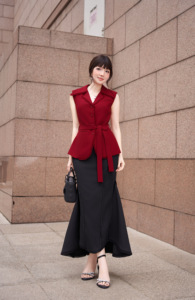 Women's Sleeveless <b>Red</b> Peplum Vest Frayed Lapel Notch Collar Self Tie Waist <b>Belt</b> Tailored Top Polyester Spandex LUCIA - Product Image 2