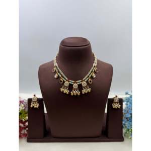 Indian Ethnic <b>Gold</b> Plated Bridal Necklace <b>Set</b> with Zircon Stones - Product Image 1