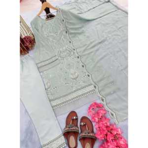 Conjunto de Top, Pantalón y Dupatta de Georgette Sintética Pesada para Mujer, para Fiestas - Product Image 3