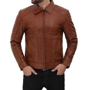 Men's Genuine <b>Leather</b> <b>Biker</b> <b>Jacket</b> Stand Collar Zipper Closure Slim Fit Solid Color Winter Wear Waterproof Breathable Windproof - Product Image 1