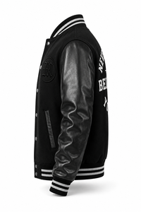 Chaqueta Varsity Negra Unisex, Ecológica, Resistente al Viento, de Lana/Poliéster, con Cuello Camisero, Letra M Bordada en la Parte Delantera, Estilo Casual con Parches - Product Image 4