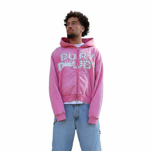 Sudadera con capucha de alta calidad al por mayor, OEM, con logo personalizado impreso y con pedrería, para hombre, de color sólido, con cremallera, en dos colores, cómoda. - Product Image 5