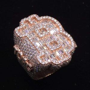 Rose <b>Gold</b> Plated Diamond Pave <b>Cocktail</b> <b>Ring</b> Geometric Baguette Cut Luxury Women's Party Jewelry - Product Image 1
