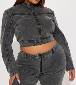 Washed <b>Denim</b> Moto <b>Jacket</b> Women Regular Turn-down Collar Full Sleeve Covered Button Closure Gray Solid Winter Front 100% Cotton - Product Image 6