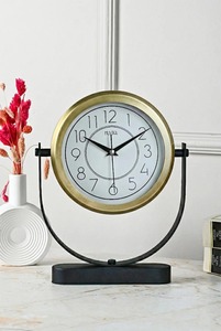 Reloj de Escritorio Metálico, Diseño Circular Tradicional, Movimiento Mecánico Silencioso con Sonido de Cada Hora, Pantalla de Agujas, Base Negra - Product Image 5