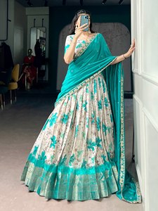 Dola Chex Floral Printed with Zari Weaving Work Wrinkle Free Stretchable Diwali Lehenga Choli - Product Image 4