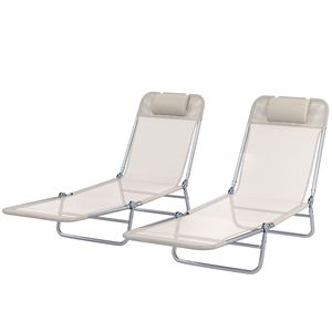 Sillones plegables de 2 piezas en color blanco crema con respaldo reclinable, asiento de malla transpirable y reposacabezas, tumbonas para tomar el sol - Product Image 1