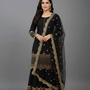 Luxury Heavy Chinnon <b>Silk</b> 5mm Sequences Embroidered Quick Dry All Seasons Modern Wedding Party Diwali Regular Fit Ramdev Trading - Product Image 1