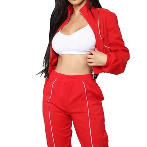 Ensemble de survêtement rouge pour femme, manches longues, col montant, fermeture éclair, couleur unie, tenue décontractée, pantalon respirant en polyester pour l'automne - Product Image 2