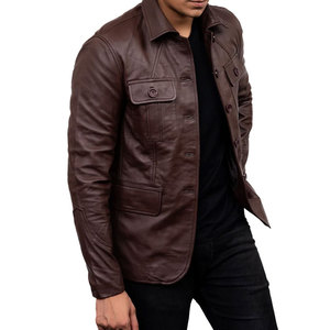 Men's Brown Genuine Leather Canvas <b>Thin</b> <b>Jacket</b> with Zipper Closure Stand Collar <b>Waterproof</b> Breathable Winter Workwear Style - Product Image 6