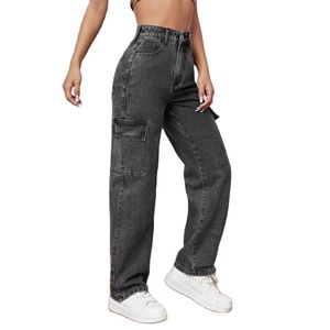 Pantalon cargo en denim gris multi-poches, style rétro vintage, streetwear tendance, écologique, respirant, lavé, taille 26 à 40 - Product Image 1
