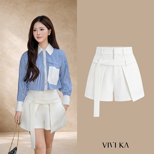 Falda pantalón blanca de talle alto para mujer, con capas asimétricas y pliegues frontales, cinturón de atar, elegante y formal para oficina, ideal para verano, JOE - Product Image 1