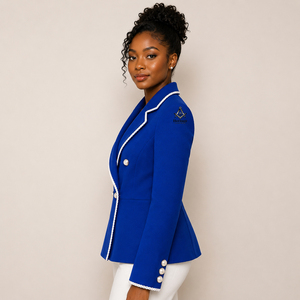 Blazer de doble botonadura azul real para mujer, con bordado de Delta Sigma Sorors, de la colección de ropa hermandad masónica griega. - Product Image 3