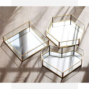 Modern Glass <b>Mirror</b> Decorative Tray Hexagonal Gold Metal Serving Tray Barware Coffee <b>Table</b> Organizer Tray Wholesale Home Decor - Product Image 5