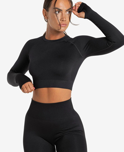 Nouveauté 2026 – Haut court noir à manches longues pour femme ABINZ ENTERPRISES – Couleur unie, sans coutures, respirant, en polyester/nylon – Vente en gros - Product Image 1