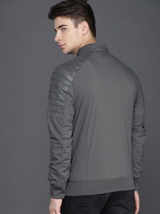 Men's Gray Bomber <b>Jacket</b> PU Leather Sleeve Stand Collar Zipper Front Casual Autumn Wear Solid Color Slim Fit - Product Image 3