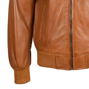 Blouson aviateur en cuir marron pour homme, col montant, fermeture éclair, coupe décontractée, couleur unie, doublure en coton, idéal pour l'automne - Product Image 5