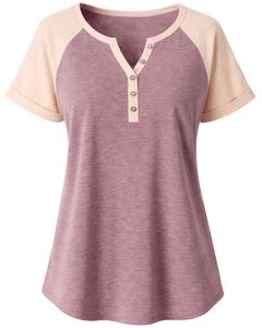 T-shirt pour femme en coton doux, couleur beige rose poudré, manches courtes, col Henley, coupe raglan, décontracté, respirant, confortable, idéal pour l'été et le quotidien - Product Image 1