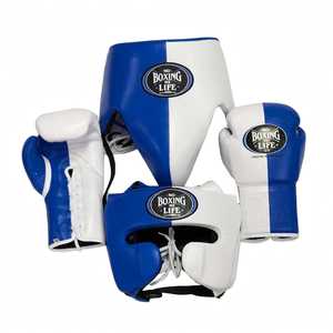Nouveautés Ensemble de Sparring Bleu « No Boxing No Life » en Cuir Véritable avec Sangles Réglables, Casque et Protège-Genoux pour Muay Thai - Product Image 1
