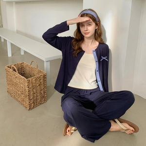 OEM Women Tencel Sleepwear 3 Piece Set Spring Long Sleeve Round Neck Soft Breathable <b>Lounge</b> Home Wear Pajama Set - Product Image 1