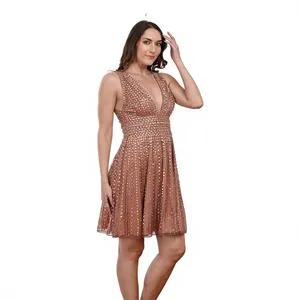 Elegant <b>Rose</b> <b>Gold</b> <b>Sequin</b> <b>Dress</b> For Plunging V-Neck Sleeveless Evening <b>Dress</b> Shimmering Pleated Cocktail Party <b>Dress</b> - Product Image 3
